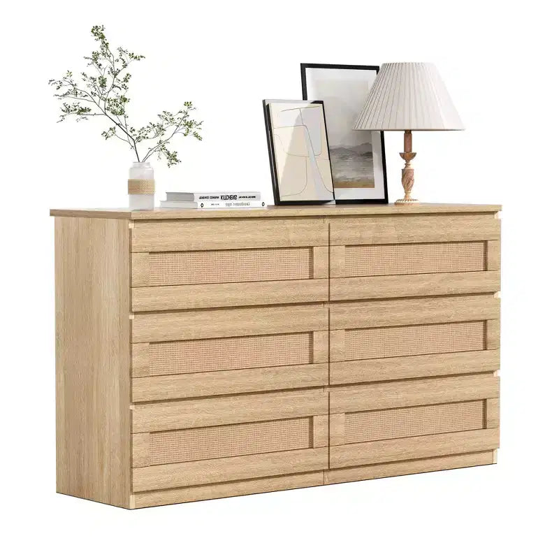 Rattan 6-Drawer Dresser - Slim Wooden Storage Cabinet, Freestanding Organizer for Bedroom & Entryway