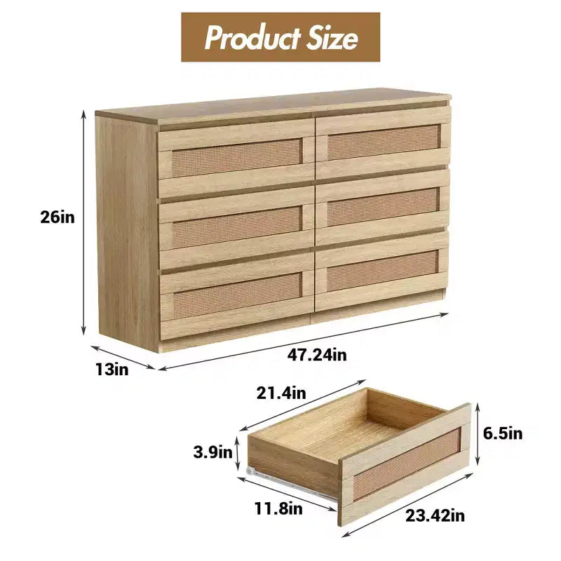 Rattan 6-Drawer Dresser - Slim Wooden Storage Cabinet, Freestanding Organizer for Bedroom & Entryway