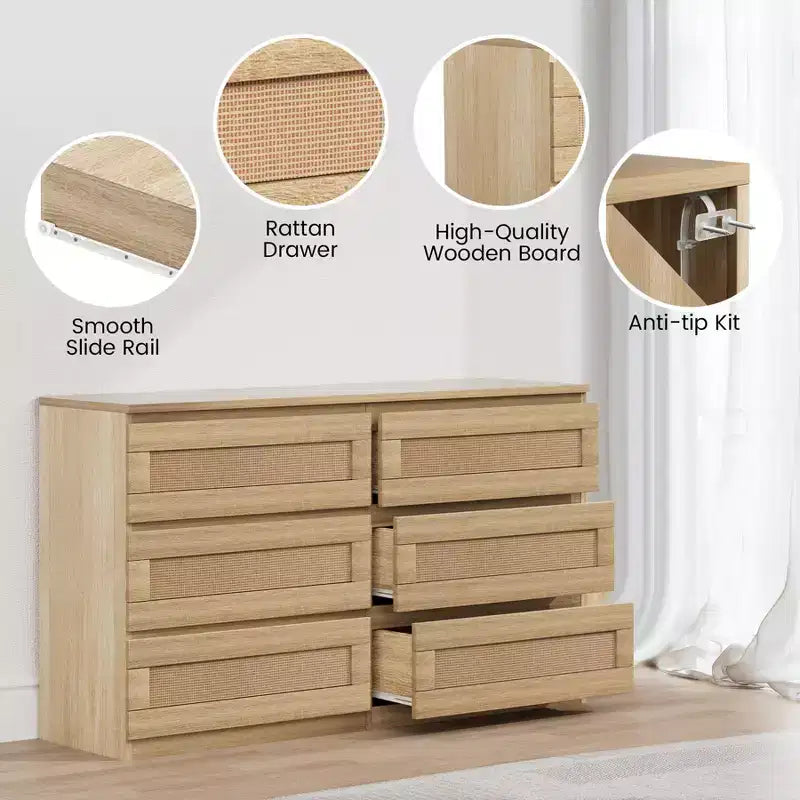 Rattan 6-Drawer Dresser - Slim Wooden Storage Cabinet, Freestanding Organizer for Bedroom & Entryway