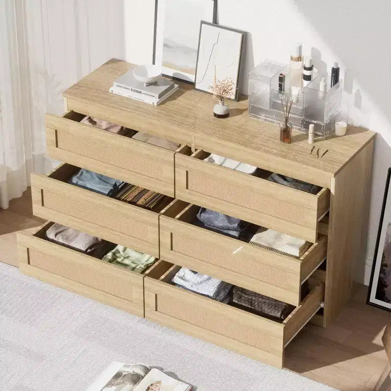Rattan 6-Drawer Dresser - Slim Wooden Storage Cabinet, Freestanding Organizer for Bedroom & Entryway