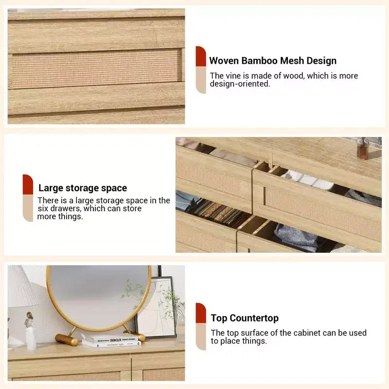 Rattan 6-Drawer Dresser - Slim Wooden Storage Cabinet, Freestanding Organizer for Bedroom & Entryway