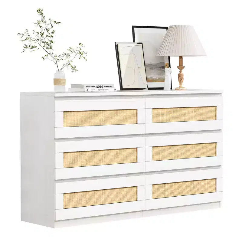 Rattan 6-Drawer Dresser - Slim Wooden Storage Cabinet, Freestanding Organizer for Bedroom & Entryway