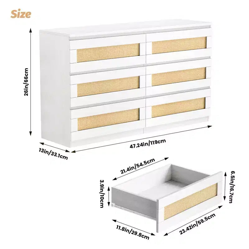 Rattan 6-Drawer Dresser - Slim Wooden Storage Cabinet, Freestanding Organizer for Bedroom & Entryway