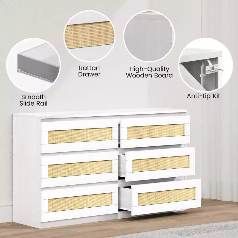 Rattan 6-Drawer Dresser - Slim Wooden Storage Cabinet, Freestanding Organizer for Bedroom & Entryway