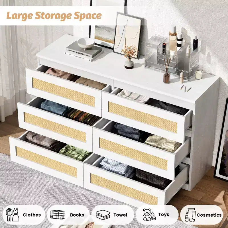 Rattan 6-Drawer Dresser - Slim Wooden Storage Cabinet, Freestanding Organizer for Bedroom & Entryway