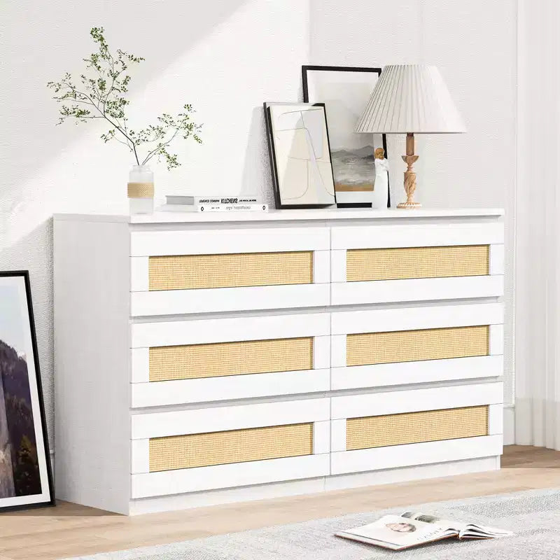 Rattan 6-Drawer Dresser - Slim Wooden Storage Cabinet, Freestanding Organizer for Bedroom & Entryway
