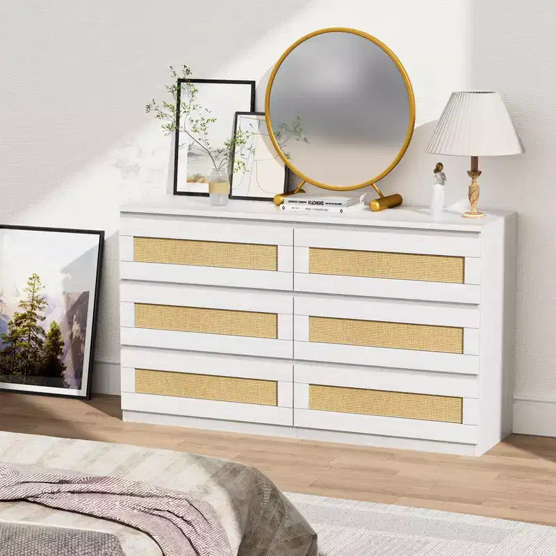 Rattan 6-Drawer Dresser - Slim Wooden Storage Cabinet, Freestanding Organizer for Bedroom & Entryway