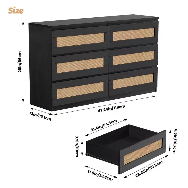 Rattan 6-Drawer Dresser - Slim Wooden Storage Cabinet, Freestanding Organizer for Bedroom & Entryway