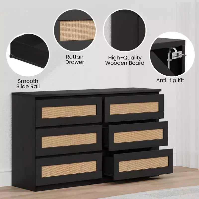 Rattan 6-Drawer Dresser - Slim Wooden Storage Cabinet, Freestanding Organizer for Bedroom & Entryway