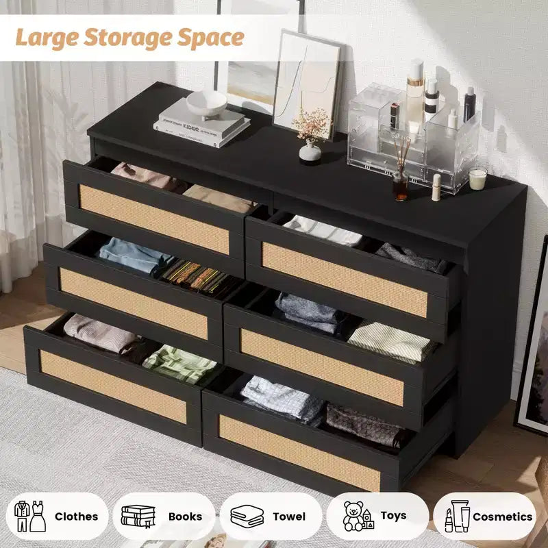 Rattan 6-Drawer Dresser - Slim Wooden Storage Cabinet, Freestanding Organizer for Bedroom & Entryway