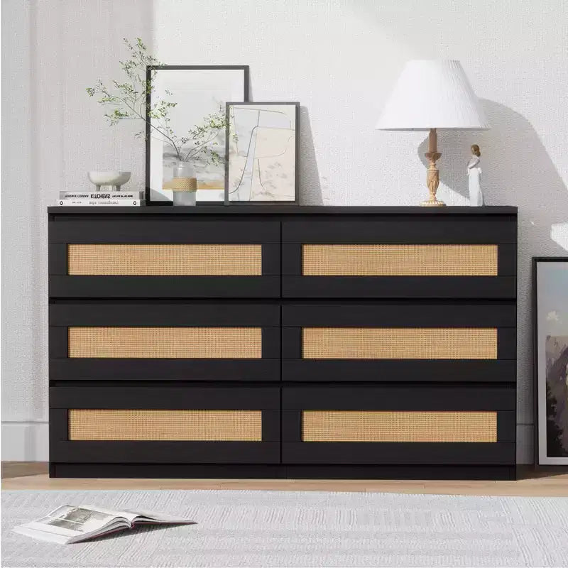 Rattan 6-Drawer Dresser - Slim Wooden Storage Cabinet, Freestanding Organizer for Bedroom & Entryway