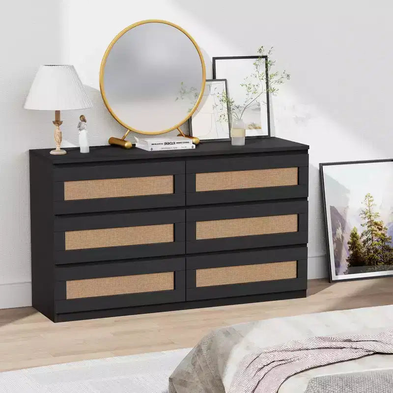 Rattan 6-Drawer Dresser - Slim Wooden Storage Cabinet, Freestanding Organizer for Bedroom & Entryway