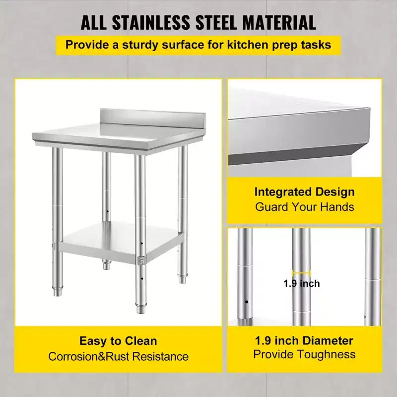 VEVOR 24 x 24 x 35 Inch Stainless Steel Work Table, Commercial Food Prep Worktable Heavy Duty Prep Worktable, Metal Work Table, Silver