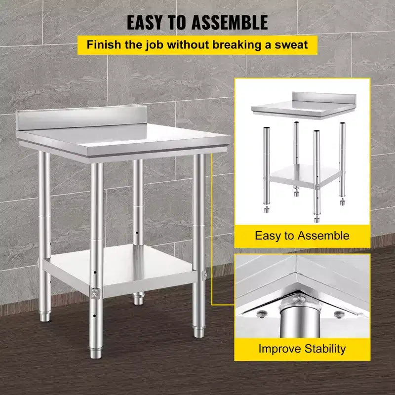 VEVOR 24 x 24 x 35 Inch Stainless Steel Work Table, Commercial Food Prep Worktable Heavy Duty Prep Worktable, Metal Work Table, Silver
