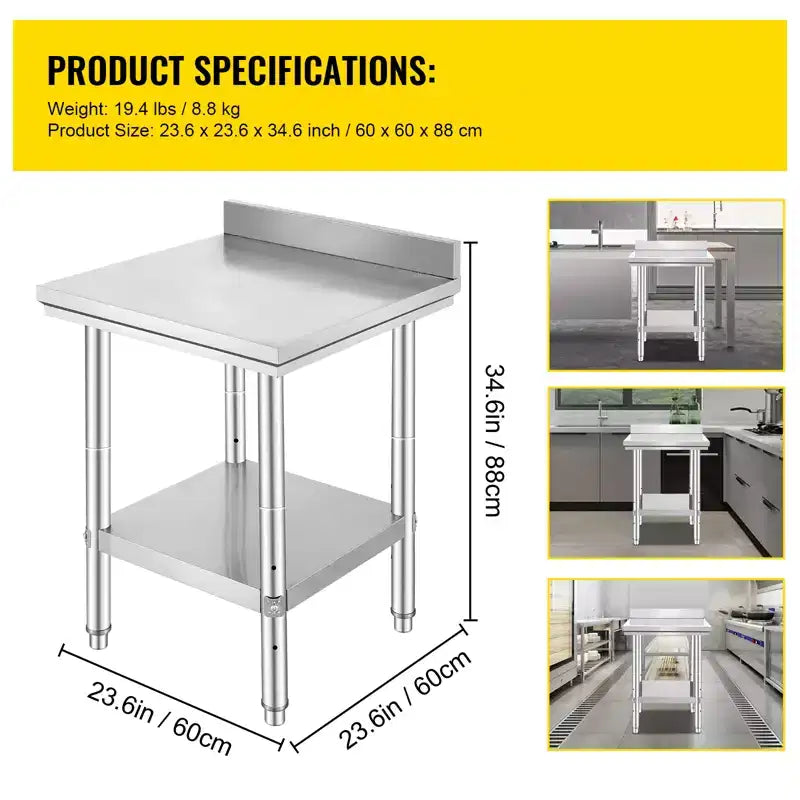 VEVOR 24 x 24 x 35 Inch Stainless Steel Work Table, Commercial Food Prep Worktable Heavy Duty Prep Worktable, Metal Work Table, Silver