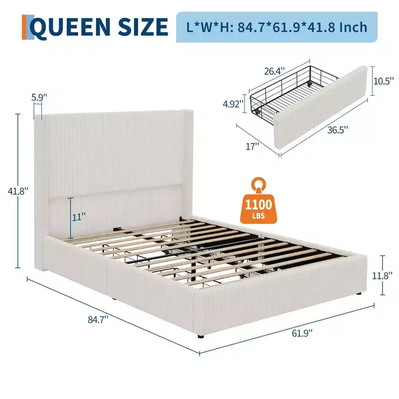 Upholstered Platform Bed Frame with Storage Drawers, Corduroy Wingback with Tufted Headboard and Footboard, No Box Spring Needed