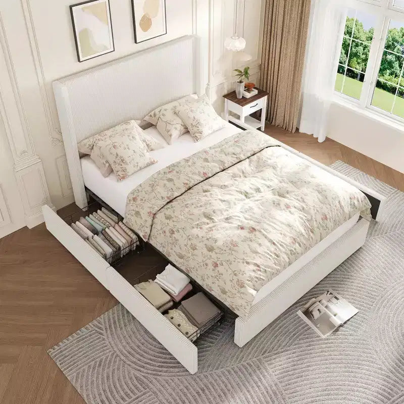 Upholstered Platform Bed Frame with Storage Drawers, Corduroy Wingback with Tufted Headboard and Footboard, No Box Spring Needed