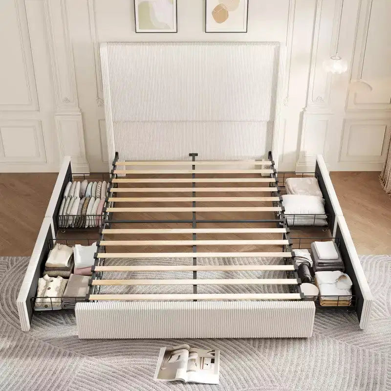 Upholstered Platform Bed Frame with Storage Drawers, Corduroy Wingback with Tufted Headboard and Footboard, No Box Spring Needed