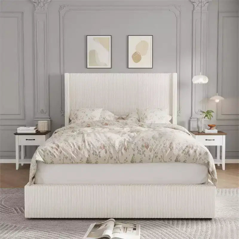 Upholstered Platform Bed Frame with Storage Drawers, Corduroy Wingback with Tufted Headboard and Footboard, No Box Spring Needed