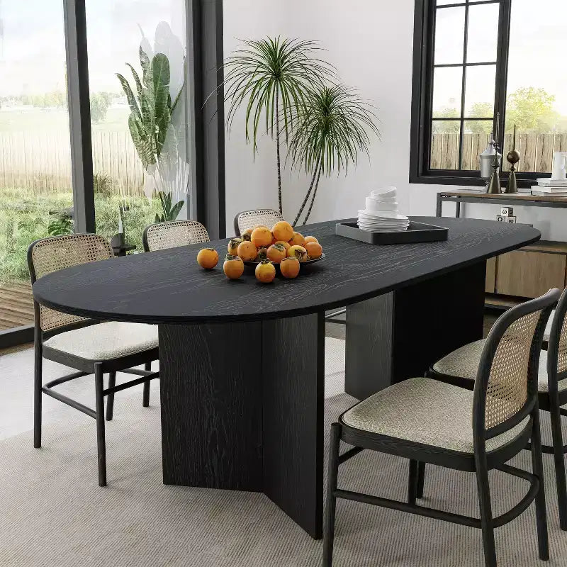 79 Farmhouse Large Oval Black Dining Table for 6-8 People with V-Shaped Legs for Dining Room and Living Room