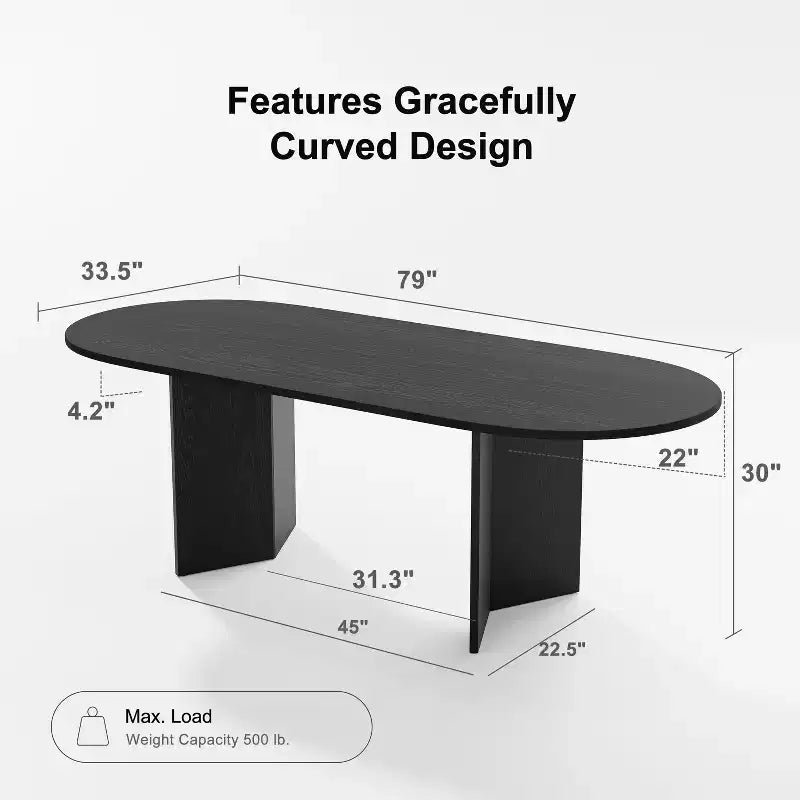 79 Farmhouse Large Oval Black Dining Table for 6-8 People with V-Shaped Legs for Dining Room and Living Room