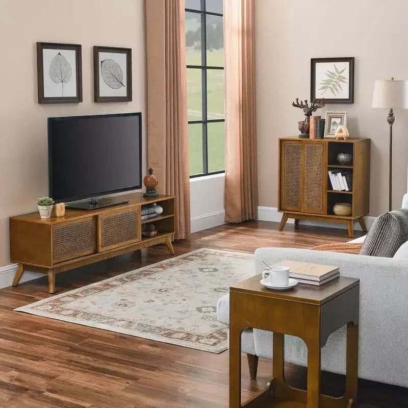 Okak Modern Rattan Sideboard Cabinet with Multi-layer Storage,Solid Wood Coffee Buffet Cabinet for Kitchen/Entryway /Dining Room/Living Room