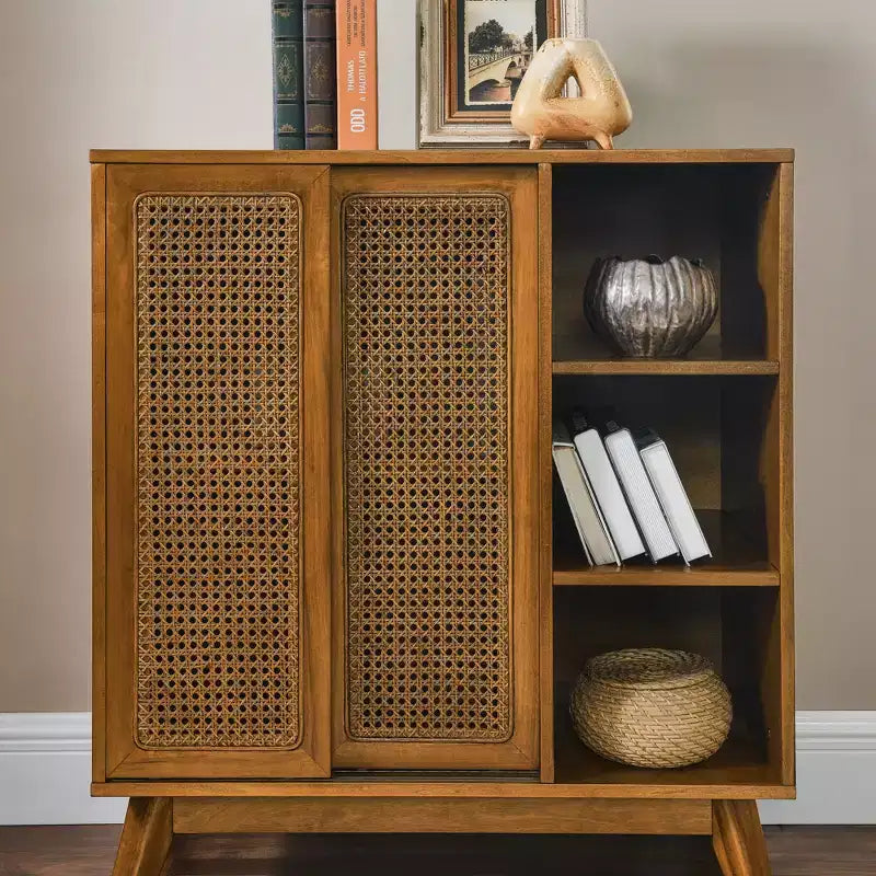 Okak Modern Rattan Sideboard Cabinet with Multi-layer Storage,Solid Wood Coffee Buffet Cabinet for Kitchen/Entryway /Dining Room/Living Room