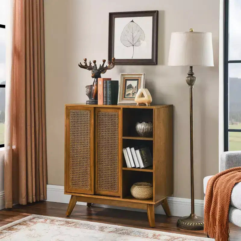 Okak Modern Rattan Sideboard Cabinet with Multi-layer Storage,Solid Wood Coffee Buffet Cabinet for Kitchen/Entryway /Dining Room/Living Room