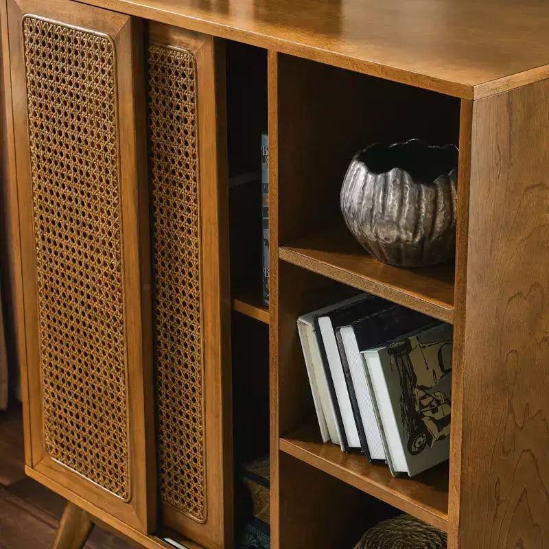 Okak Modern Rattan Sideboard Cabinet with Multi-layer Storage,Solid Wood Coffee Buffet Cabinet for Kitchen/Entryway /Dining Room/Living Room