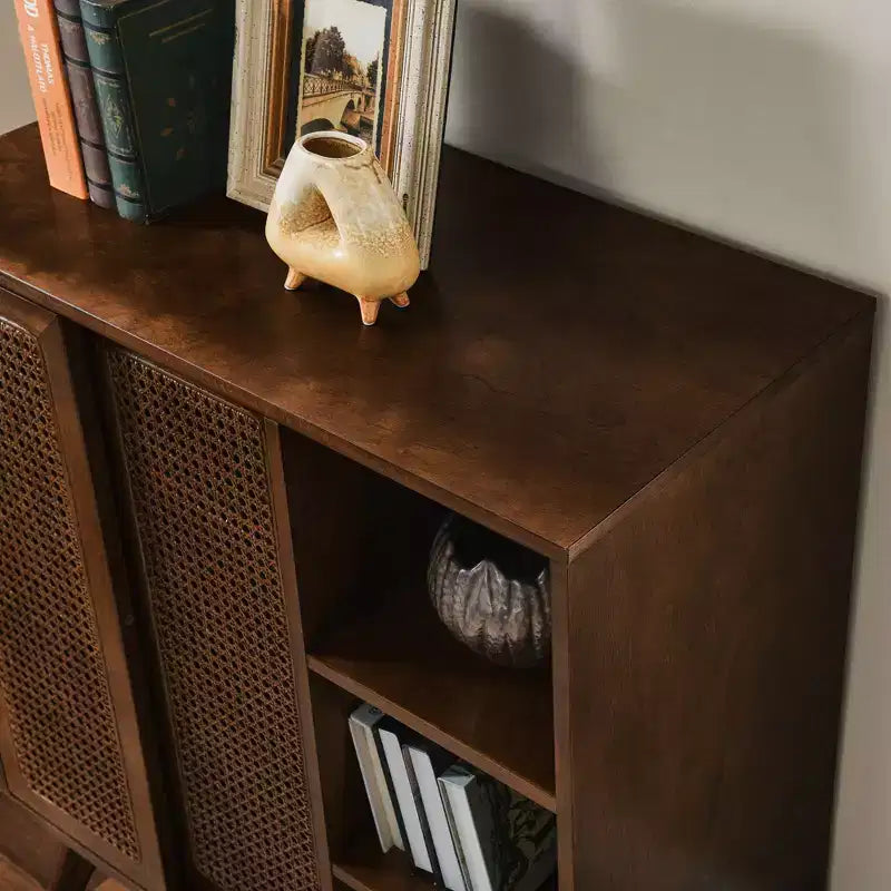 Okak Modern Rattan Sideboard Cabinet with Multi-layer Storage,Solid Wood Coffee Buffet Cabinet for Kitchen/Entryway /Dining Room/Living Room