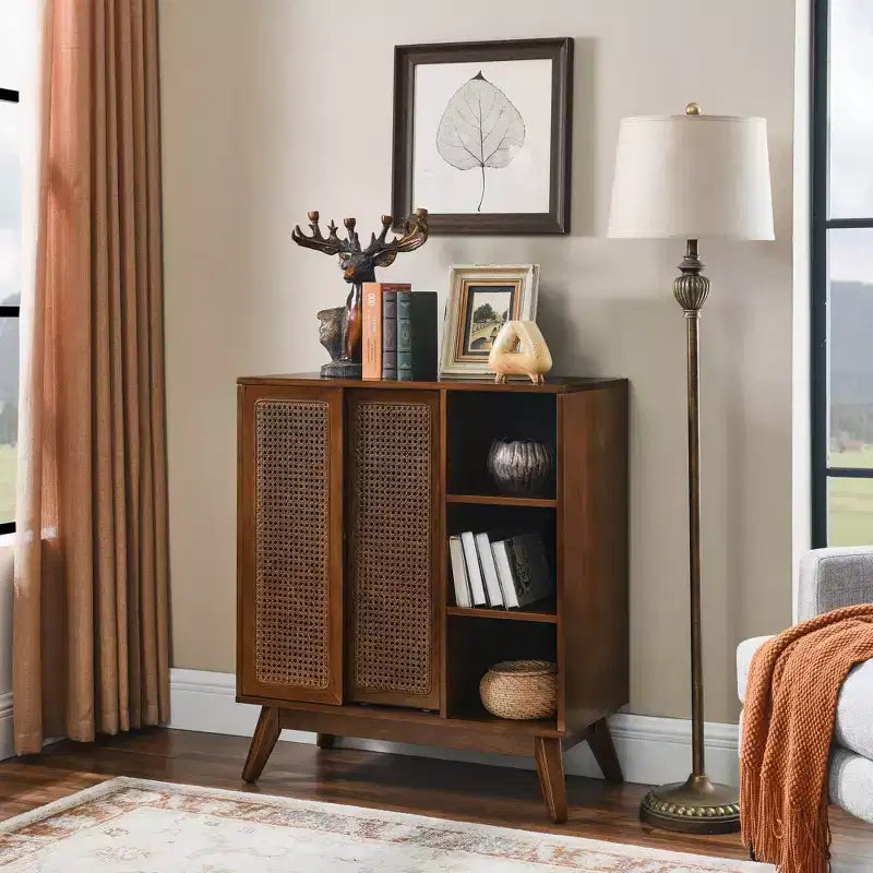 Okak Modern Rattan Sideboard Cabinet with Multi-layer Storage,Solid Wood Coffee Buffet Cabinet for Kitchen/Entryway /Dining Room/Living Room