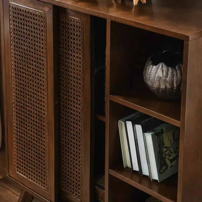 Okak Modern Rattan Sideboard Cabinet with Multi-layer Storage,Solid Wood Coffee Buffet Cabinet for Kitchen/Entryway /Dining Room/Living Room