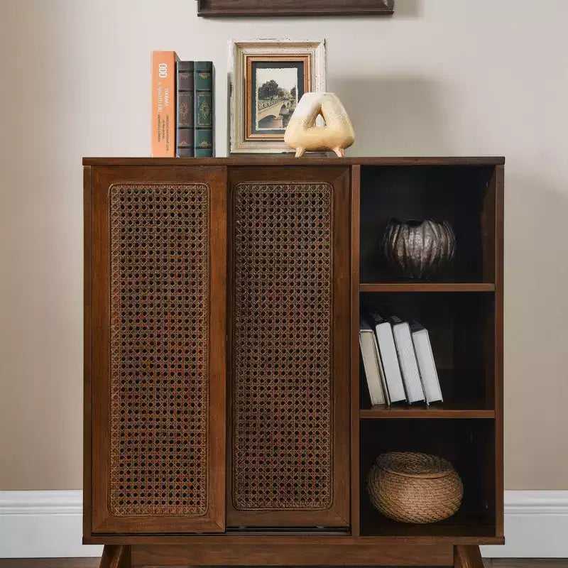 Okak Modern Rattan Sideboard Cabinet with Multi-layer Storage,Solid Wood Coffee Buffet Cabinet for Kitchen/Entryway /Dining Room/Living Room