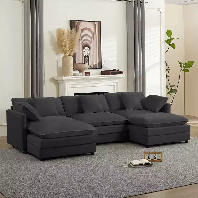 Mjkone 113'' U-Shaped Modular Sectional Sofa, 5-Seat Cloud Couch with 2 Ottomans, Modern Chenille Sofa Sleeper Deep Seat Couches