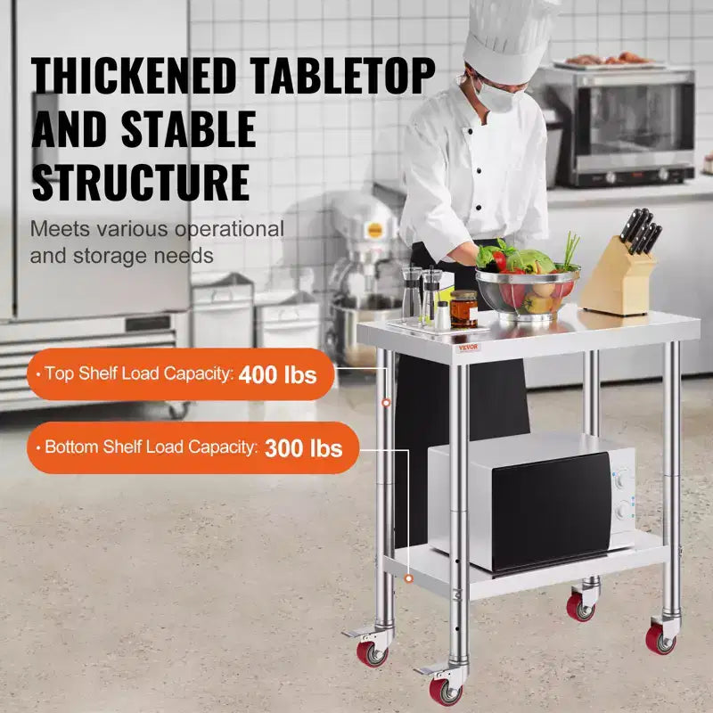 VEVOR Stainless Steel Work Table 30 x 18 x 34 Inch, 700 LBS Load Capacity with 4 Wheels, 3 Adjustable Height Levels, Silver