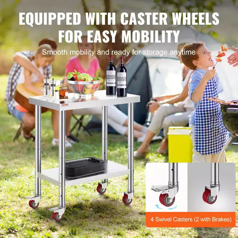 VEVOR Stainless Steel Work Table 30 x 18 x 34 Inch, 700 LBS Load Capacity with 4 Wheels, 3 Adjustable Height Levels, Silver