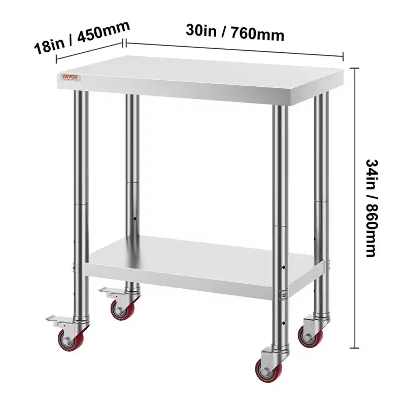 VEVOR Stainless Steel Work Table 30 x 18 x 34 Inch, 700 LBS Load Capacity with 4 Wheels, 3 Adjustable Height Levels, Silver