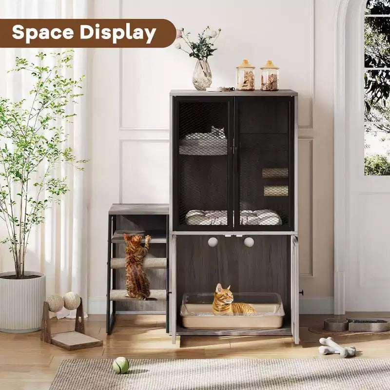 GustoWave Cat Litter Box Enclosure Furniture, 2 in 1 Hidden Double Cabinet Enclosed Litter Box with Ladder Wooden Cat Furniture