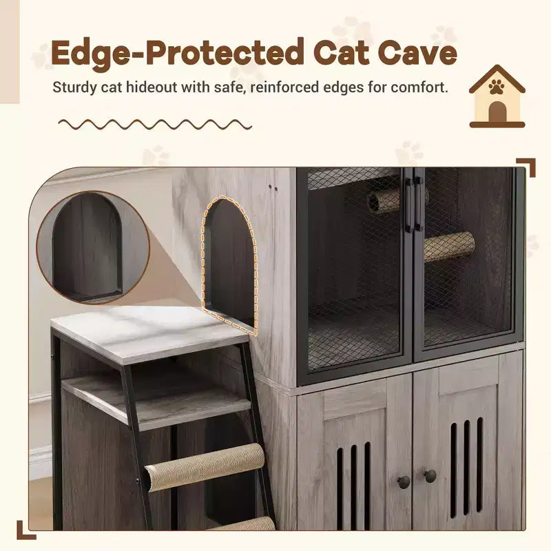 GustoWave Cat Litter Box Enclosure Furniture, 2 in 1 Hidden Double Cabinet Enclosed Litter Box with Ladder Wooden Cat Furniture