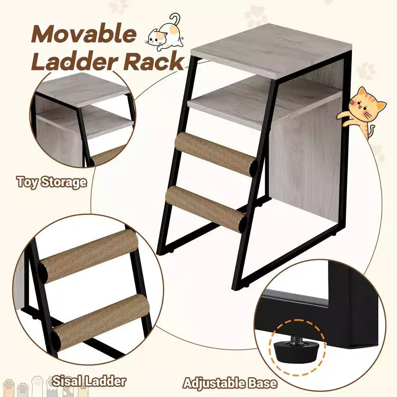 GustoWave Cat Litter Box Enclosure Furniture, 2 in 1 Hidden Double Cabinet Enclosed Litter Box with Ladder Wooden Cat Furniture