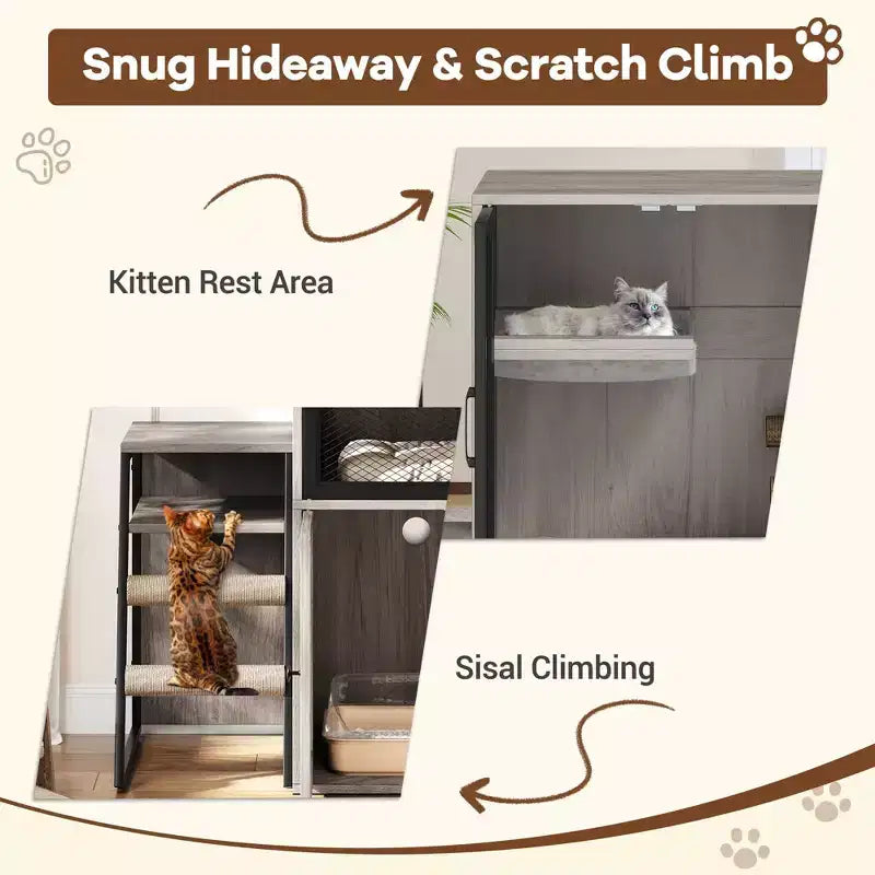 GustoWave Cat Litter Box Enclosure Furniture, 2 in 1 Hidden Double Cabinet Enclosed Litter Box with Ladder Wooden Cat Furniture