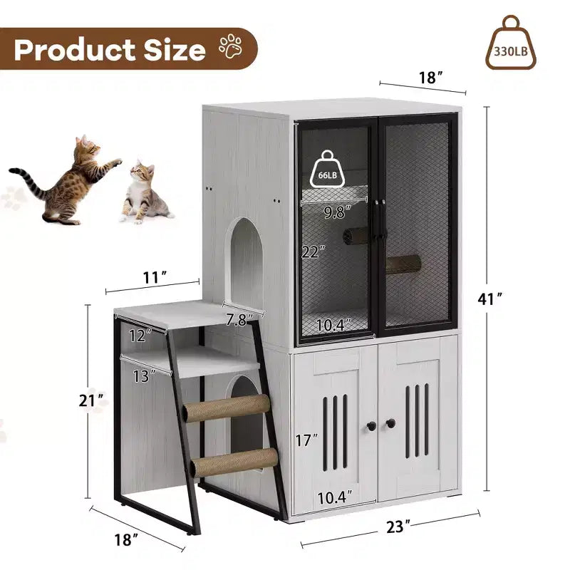 GustoWave Cat Litter Box Enclosure Furniture, 2 in 1 Hidden Double Cabinet Enclosed Litter Box with Ladder Wooden Cat Furniture