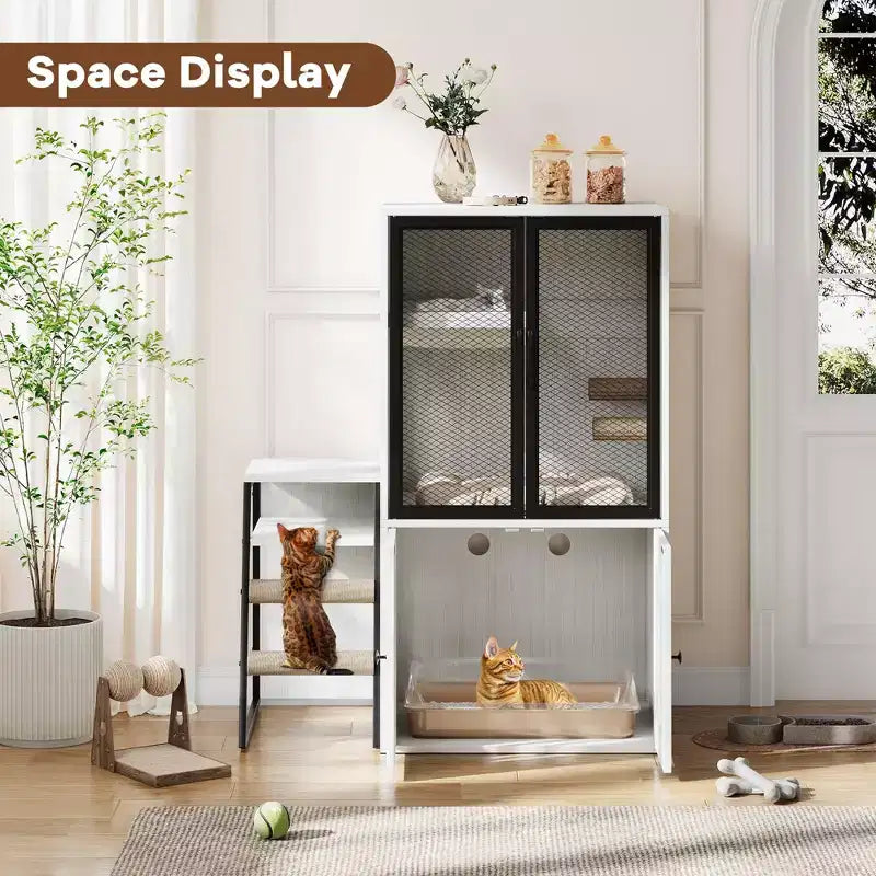 GustoWave Cat Litter Box Enclosure Furniture, 2 in 1 Hidden Double Cabinet Enclosed Litter Box with Ladder Wooden Cat Furniture