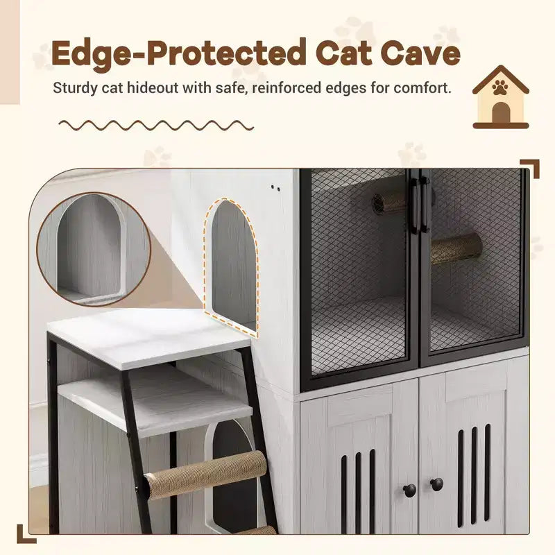 GustoWave Cat Litter Box Enclosure Furniture, 2 in 1 Hidden Double Cabinet Enclosed Litter Box with Ladder Wooden Cat Furniture