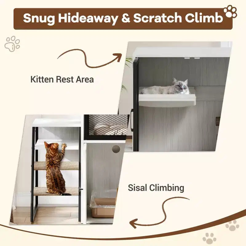 GustoWave Cat Litter Box Enclosure Furniture, 2 in 1 Hidden Double Cabinet Enclosed Litter Box with Ladder Wooden Cat Furniture