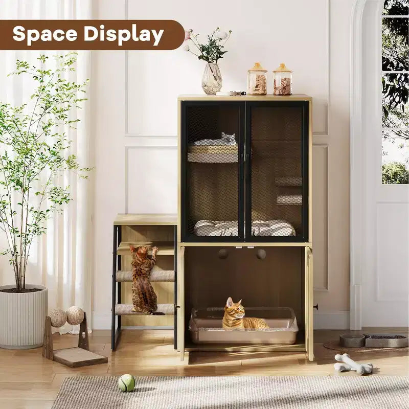 GustoWave Cat Litter Box Enclosure Furniture, 2 in 1 Hidden Double Cabinet Enclosed Litter Box with Ladder Wooden Cat Furniture