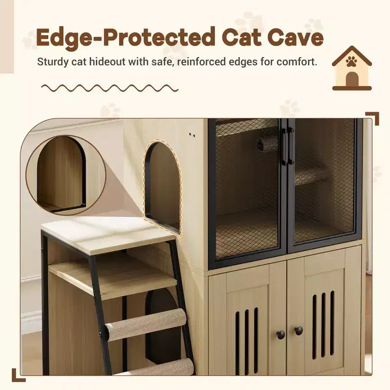 GustoWave Cat Litter Box Enclosure Furniture, 2 in 1 Hidden Double Cabinet Enclosed Litter Box with Ladder Wooden Cat Furniture
