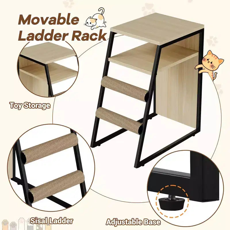 GustoWave Cat Litter Box Enclosure Furniture, 2 in 1 Hidden Double Cabinet Enclosed Litter Box with Ladder Wooden Cat Furniture