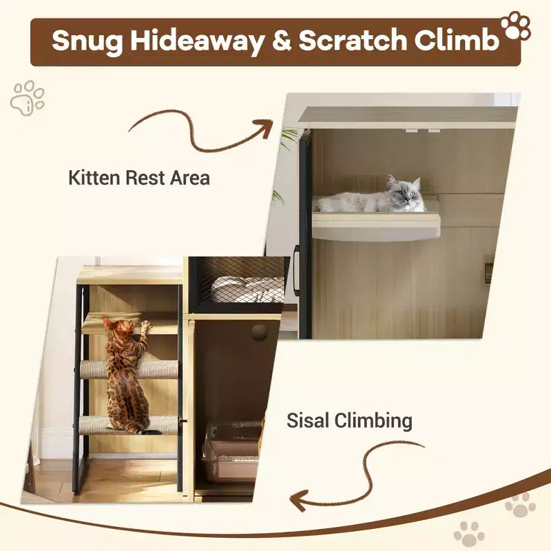 GustoWave Cat Litter Box Enclosure Furniture, 2 in 1 Hidden Double Cabinet Enclosed Litter Box with Ladder Wooden Cat Furniture