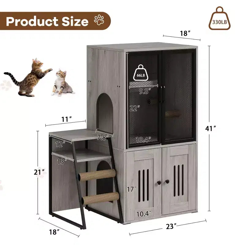 GustoWave Cat Litter Box Enclosure Furniture, 2 in 1 Hidden Double Cabinet Enclosed Litter Box with Ladder Wooden Cat Furniture